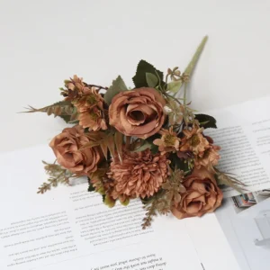 Brown artificial rose and daisy mixed flower bouquet