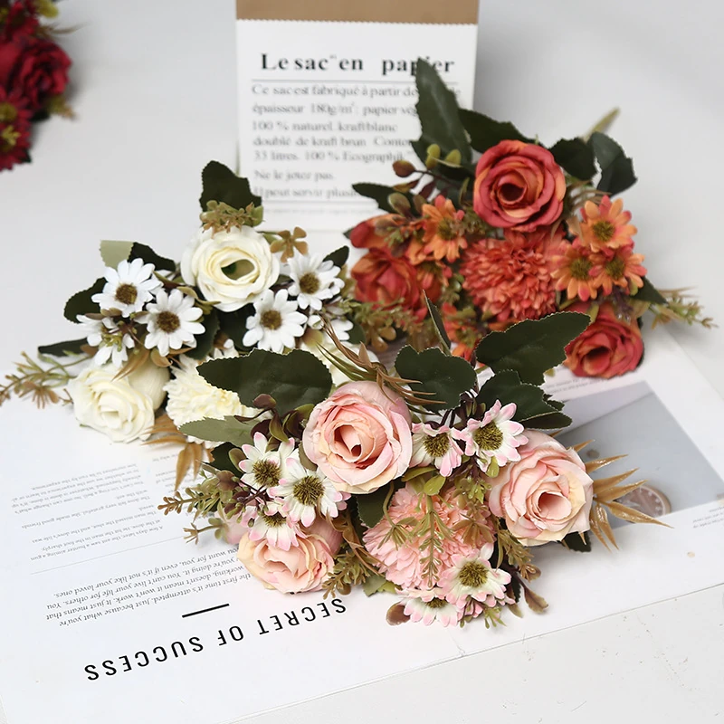 Available colors for artificial rose and daisy mixed flower bouquet