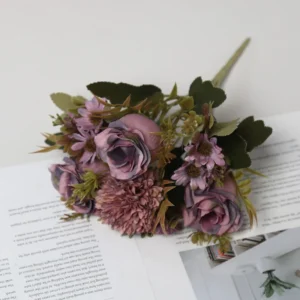 Alternate view of dusty mauve artificial rose and daisy mixed flower bouquet