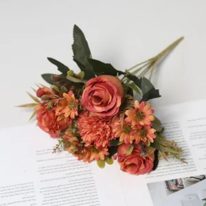 Orange artificial rose and daisy mixed flower bouquet