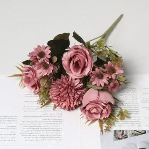 Pink artificial rose and daisy mixed flower bouquet