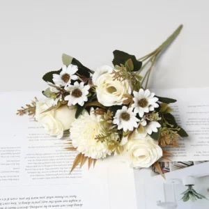 White artificial rose and daisy mixed flower bouquet