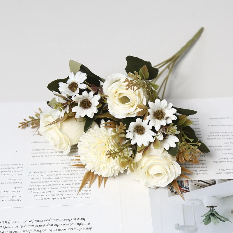 White artificial rose and daisy mixed flower bouquet