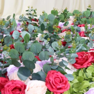 Close-up of eucalyptus artificial rose eucalyptus flower wall backdrop