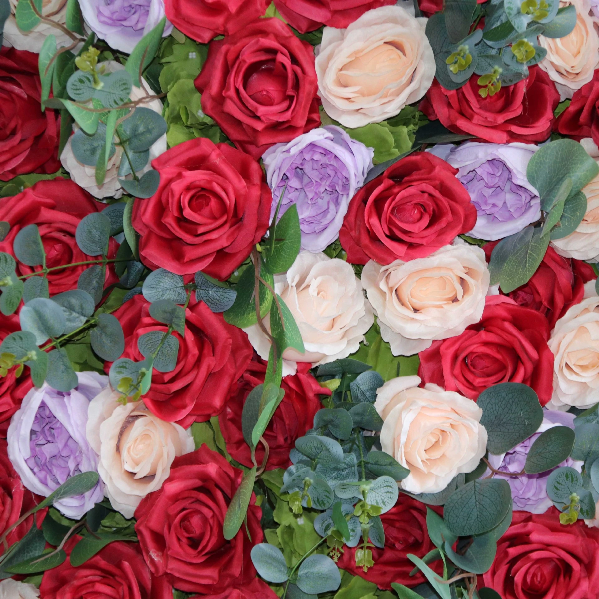 Close-up of rose artificial rose eucalyptus flower wall backdrop
