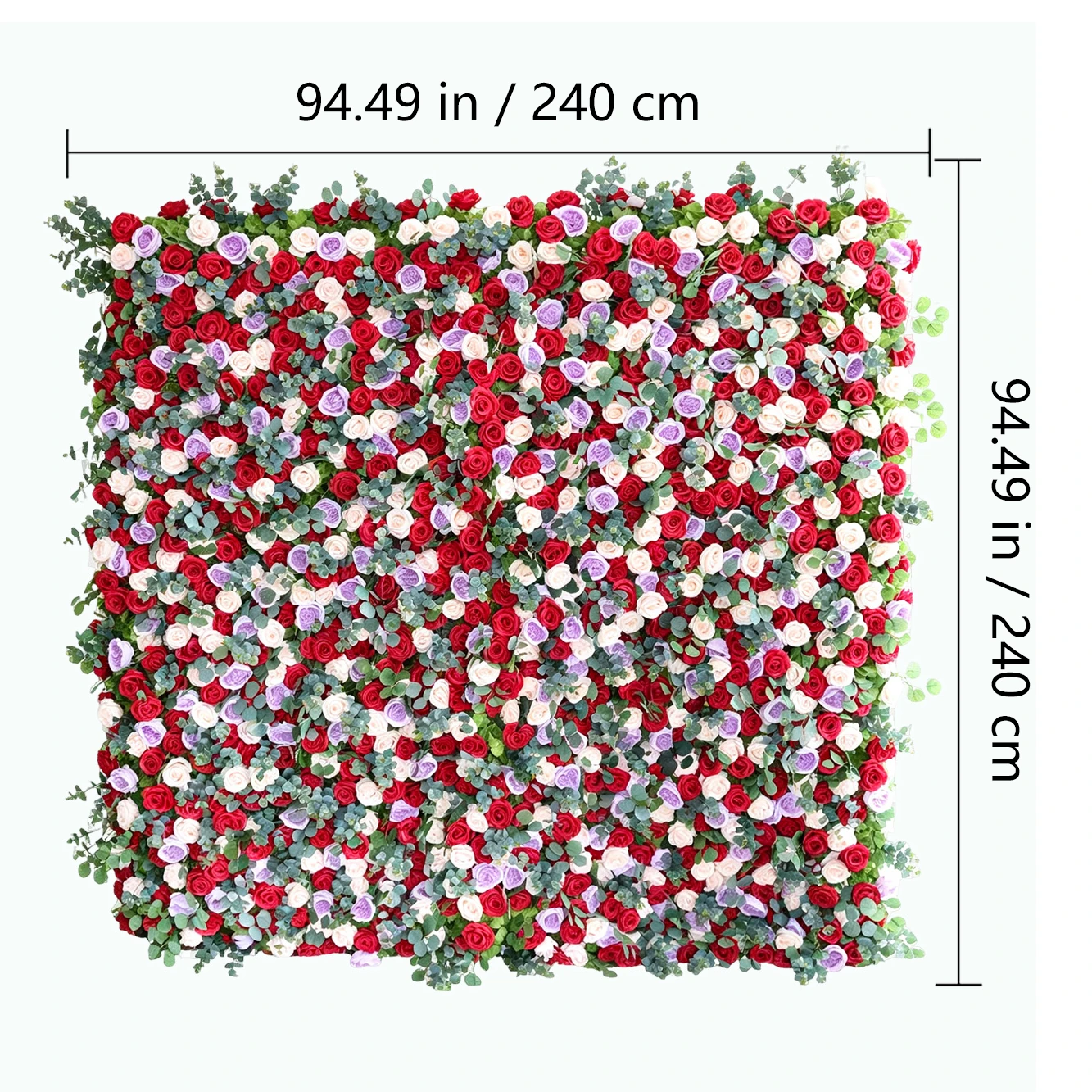Size diagram for artificial rose eucalyptus flower wall backdrop, 240 cm