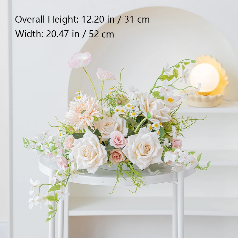 Size diagram for airy white rose artificial rose fern table centerpiece collection
