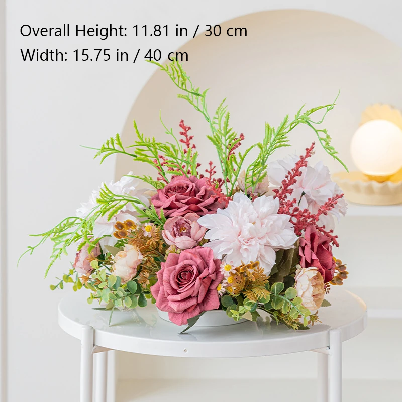 Size diagram for burgundy fern artificial rose fern table centerpiece collection