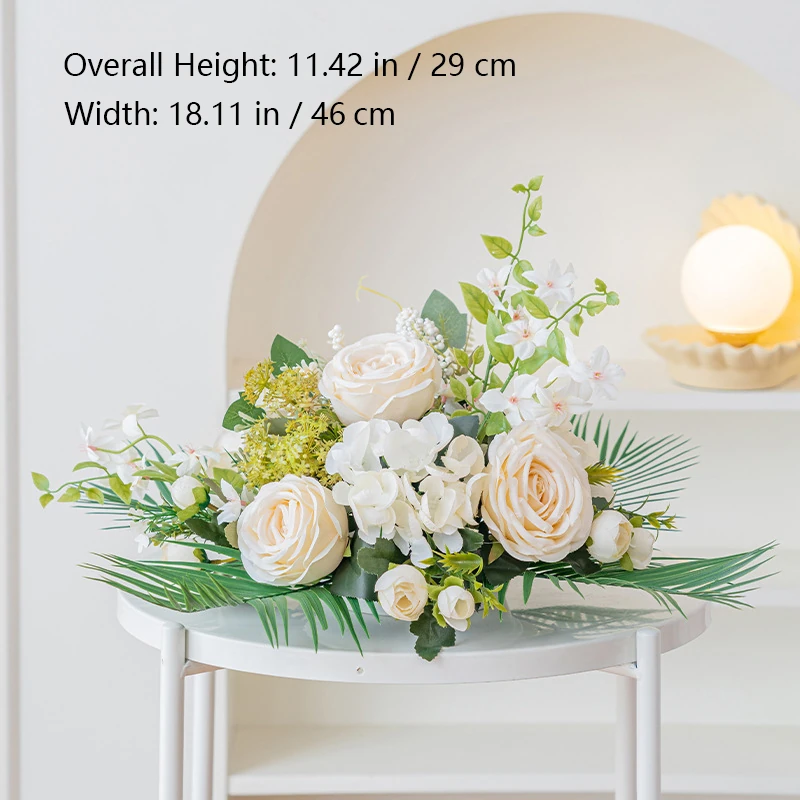 Size diagram for ivory rose palm artificial rose fern table centerpiece collection