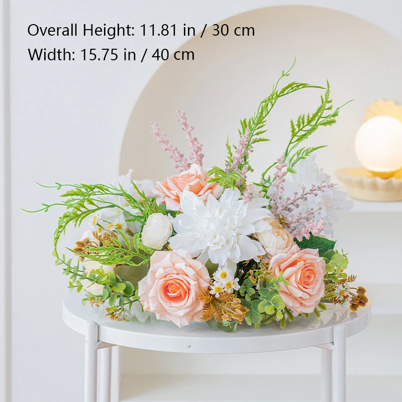 Size diagram for peach asymmetric artificial rose fern table centerpiece collection