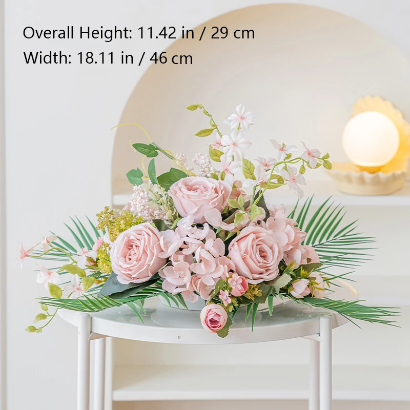 Size diagram for pink rose palm artificial rose fern table centerpiece collection
