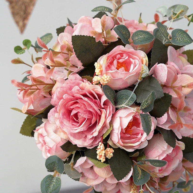 Alternate view of deep pink artificial rose hydrangea flower kissing ball