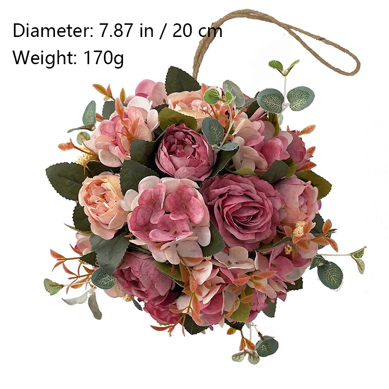 Size diagram for deep pink artificial rose hydrangea flower kissing ball