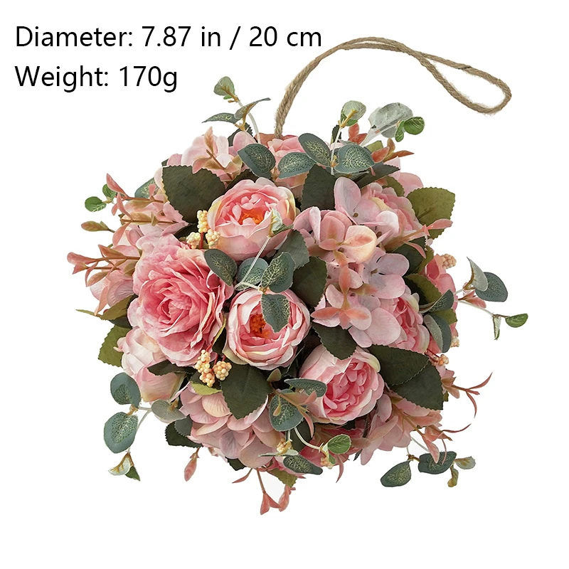 Size diagram for light pink artificial rose hydrangea flower kissing ball