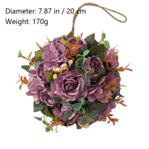 Size diagram for purple artificial rose hydrangea flower kissing ball