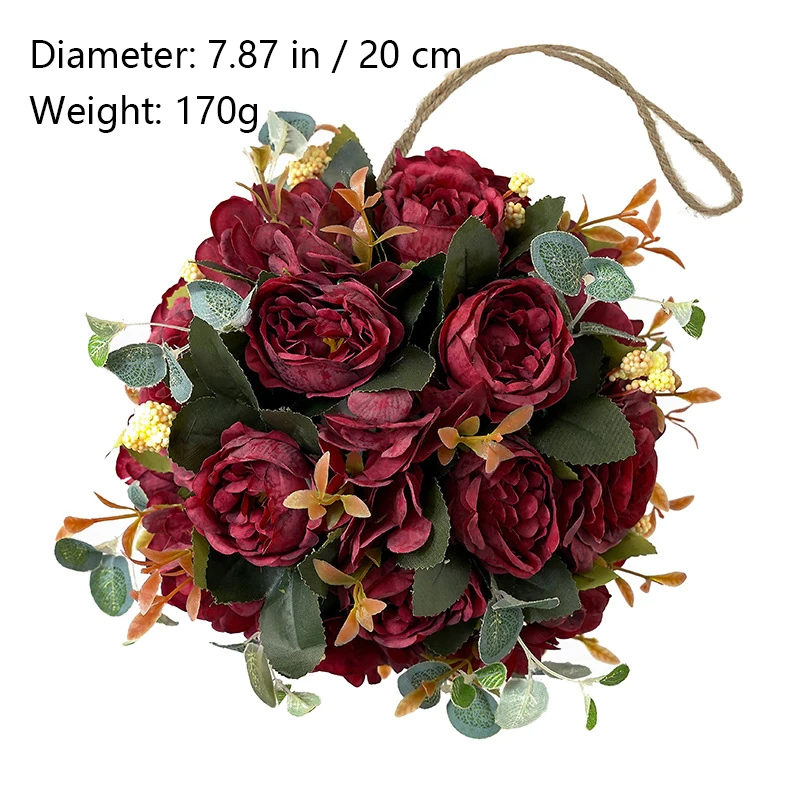 Size diagram for red artificial rose hydrangea flower kissing ball