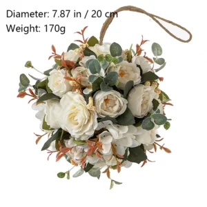 Size diagram for white artificial rose hydrangea flower kissing ball