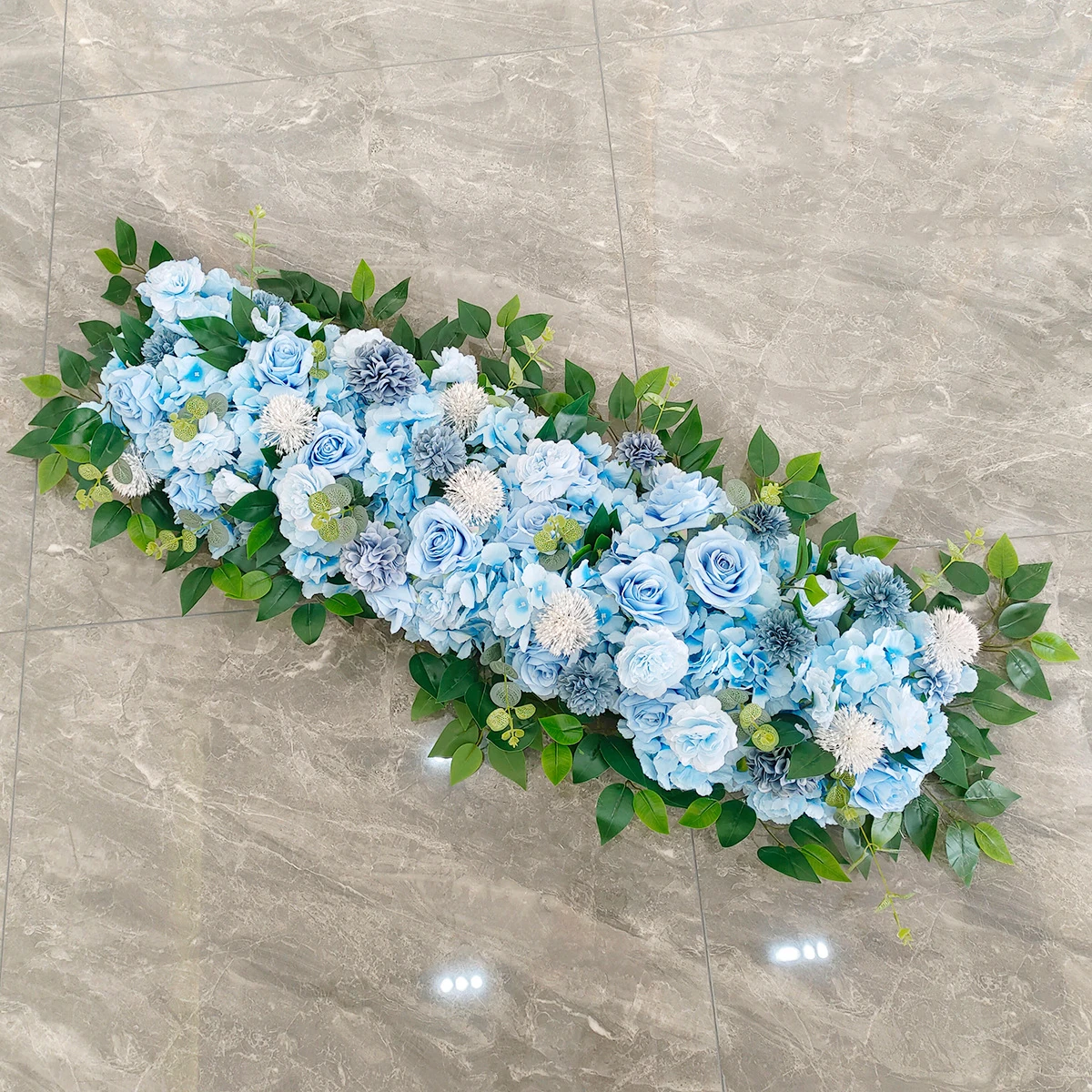 Blue artificial rose hydrangea long table flower arrangement