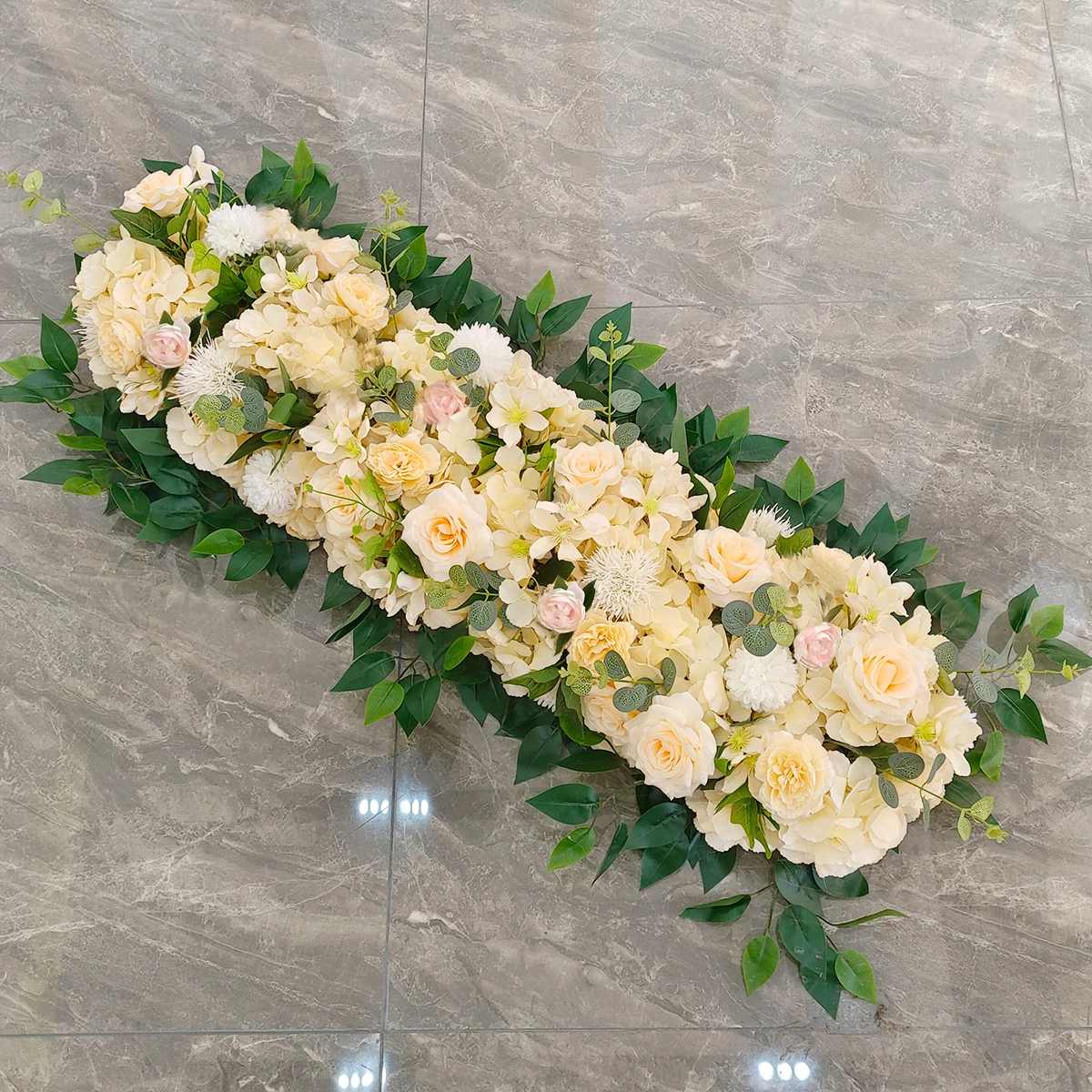 Champagne artificial rose hydrangea long table flower arrangement
