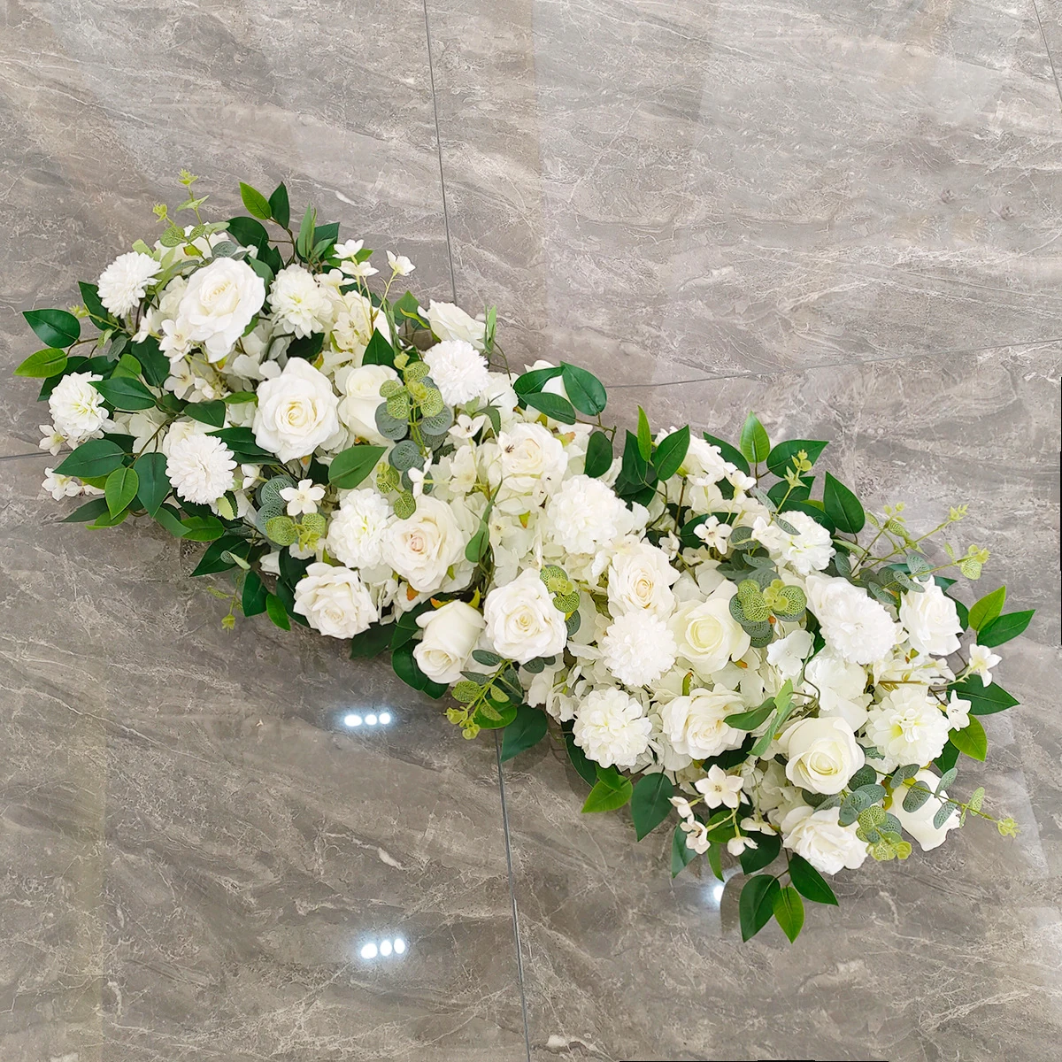Alternate view of white artificial rose hydrangea long table flower arrangement