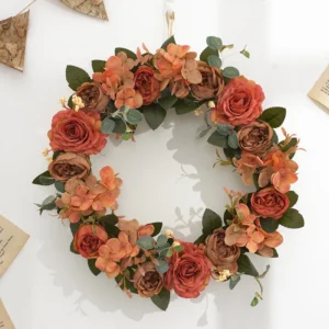 Autumn-color artificial rose and hydrangea wreath