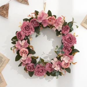 Dark pink artificial rose and hydrangea wreath