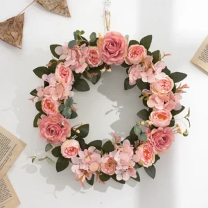 Light pink artificial rose and hydrangea wreath