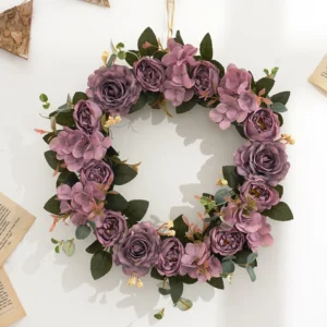 Purple artificial rose and hydrangea wreath