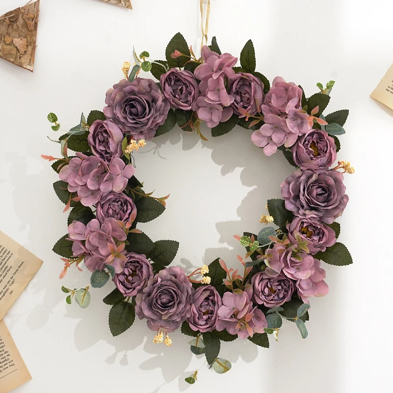 Purple artificial rose and hydrangea wreath