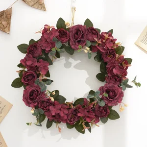 Alternate view of red artificial rose and hydrangea wreath
