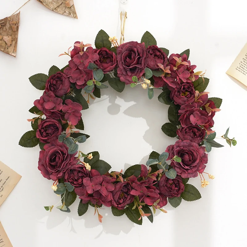 Alternate view of red artificial rose and hydrangea wreath