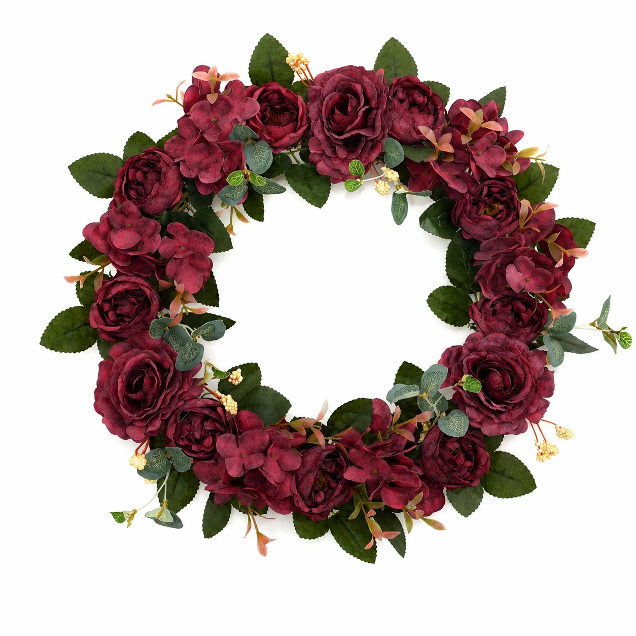 Red artificial rose and hydrangea wreath, 34 cm