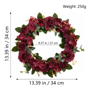 Size diagram for 34 cm red artificial rose and hydrangea wreath