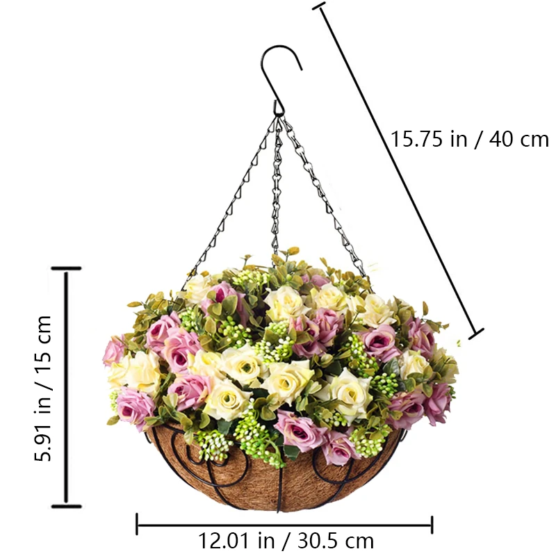 Size diagram for lavender cream artificial rose lisianthus hanging basket