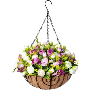 white purple artificial rose lisianthus hanging basket