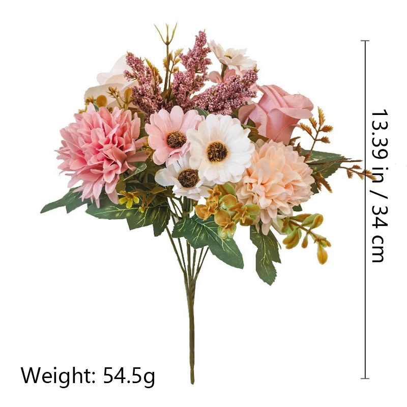 Size and weight diagram for 34 cm blush pink artificial rose mixed flower bouquet, 54.5 g
