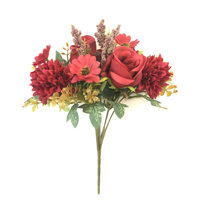 Burgundy red artificial rose mixed flower bouquet with matching pompon blooms