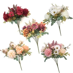 Five color options for artificial rose mixed flower bouquet