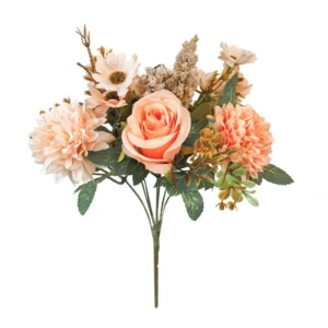 Peach artificial rose mixed flower bouquet with pompon and daisy-like blooms