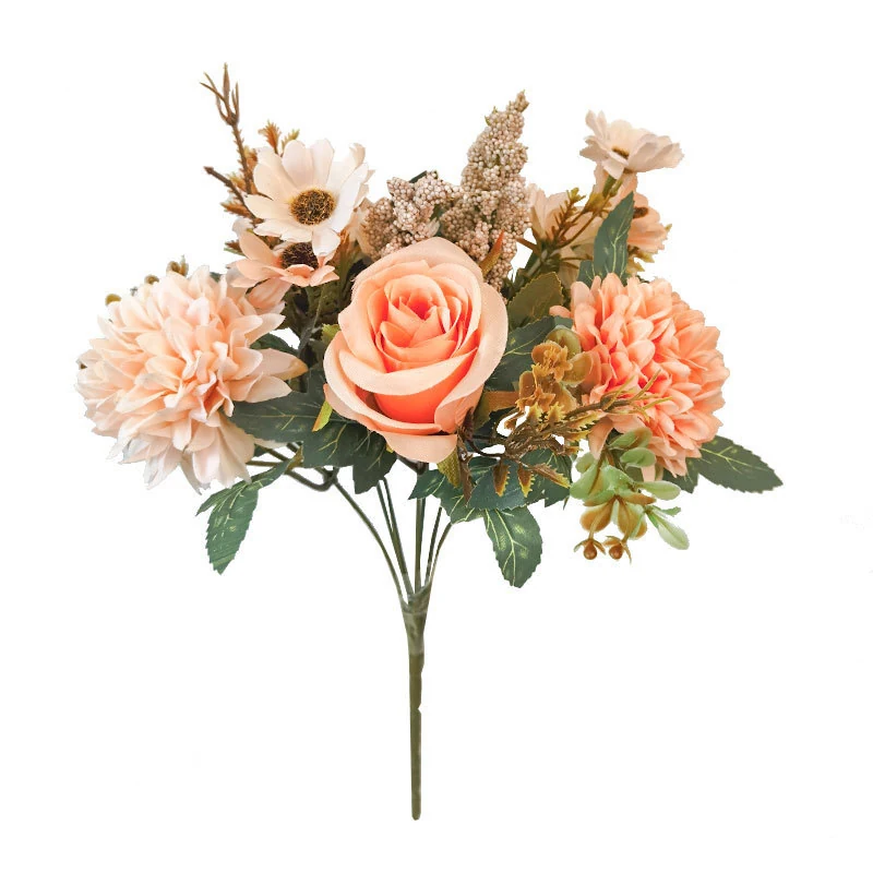 Peach artificial rose mixed flower bouquet with pompon and daisy-like blooms