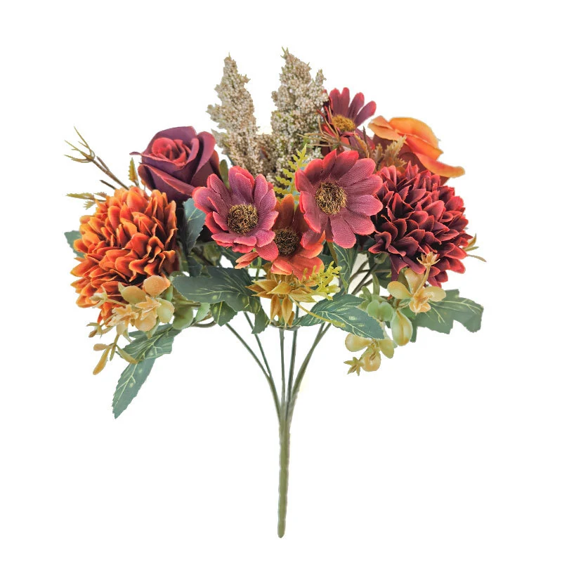 Rust orange artificial rose mixed flower bouquet with burgundy pompon blooms