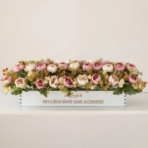 Alternate view of blush pink artificial rose ranunculus flower box centerpiece