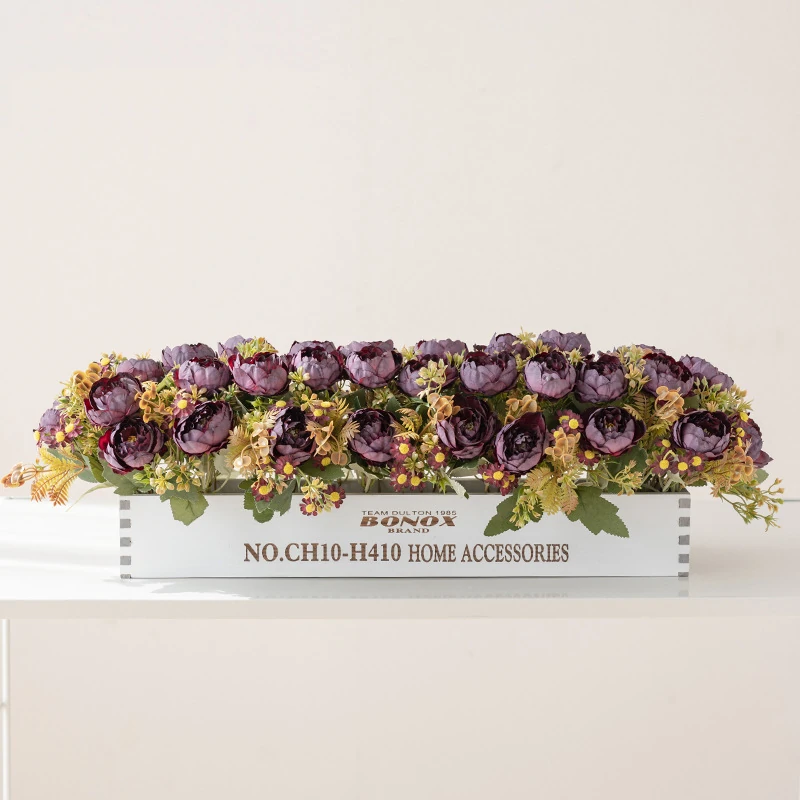 deep purple artificial rose ranunculus flower box centerpiece