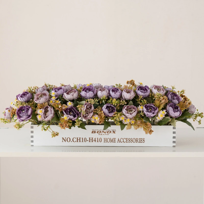 purple artificial rose ranunculus flower box centerpiece