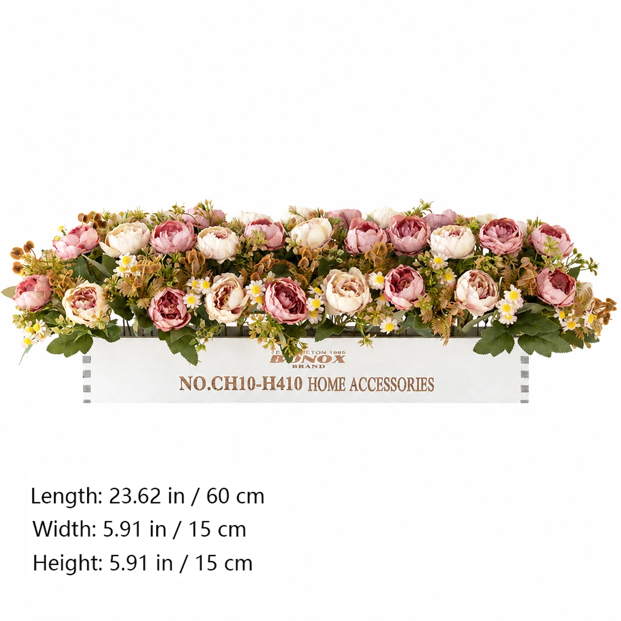 Size diagram for artificial rose ranunculus flower box centerpiece, 60 cm