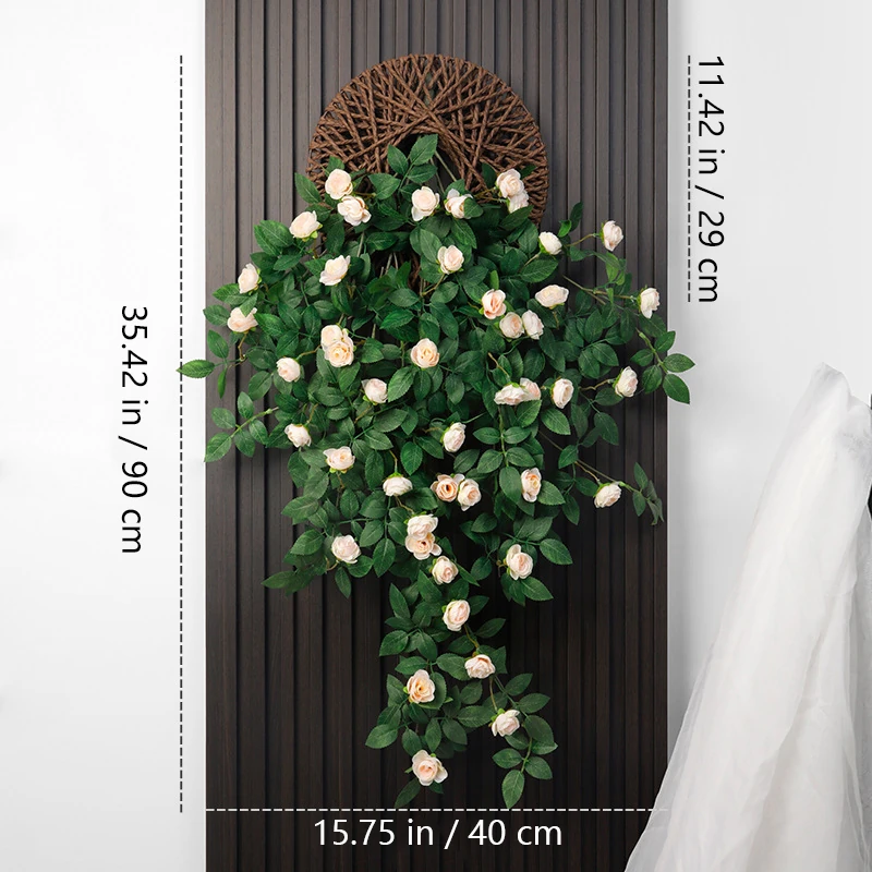 Size diagram for blush artificial rose wall hanging basket