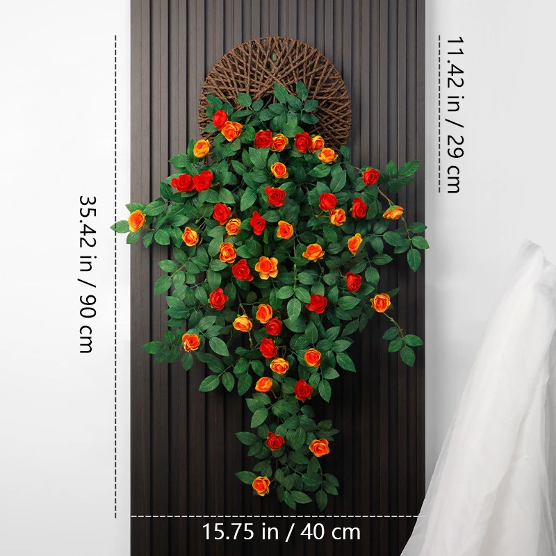 Size diagram for orange artificial rose wall hanging basket