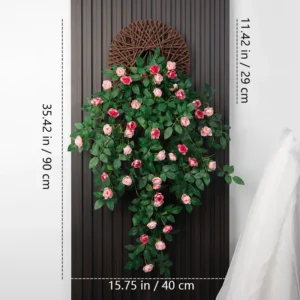Size diagram for pink artificial rose wall hanging basket