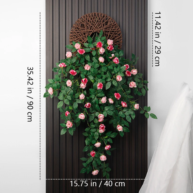 Size diagram for pink artificial rose wall hanging basket