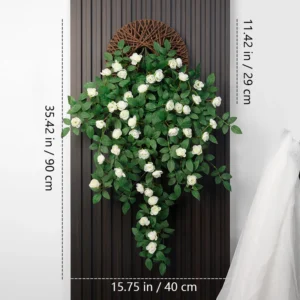 Size diagram for white artificial rose wall hanging basket